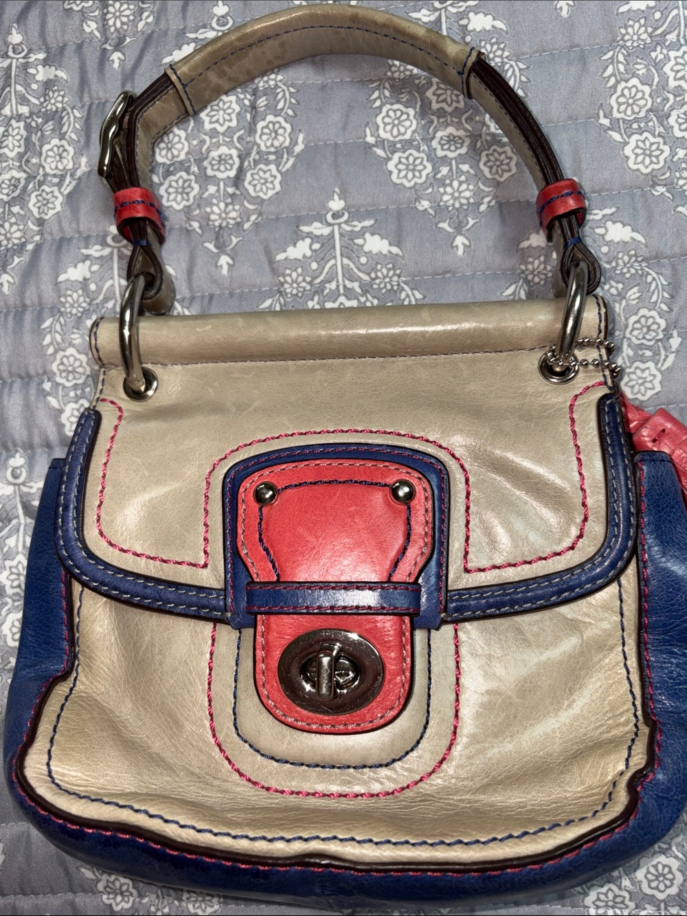 Coach Neutral, Navy & Coral Leather Mini Top-Handle Bag